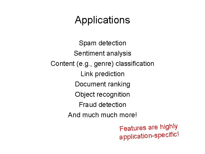 Applications Spam detection Sentiment analysis Content (e. g. , genre) classification Link prediction Document