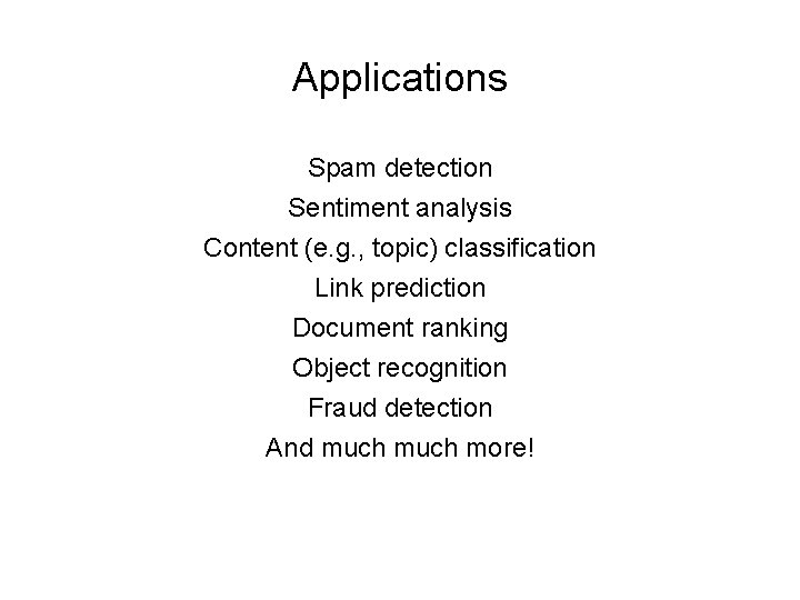 Applications Spam detection Sentiment analysis Content (e. g. , topic) classification Link prediction Document