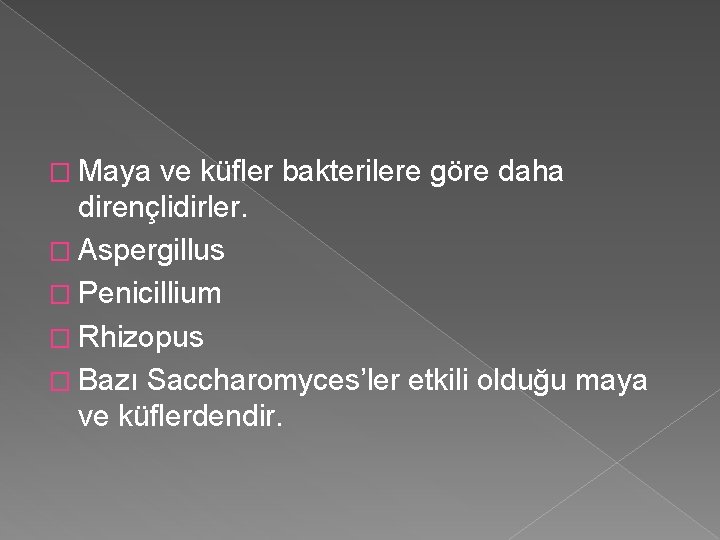 � Maya ve küfler bakterilere göre daha dirençlidirler. � Aspergillus � Penicillium � Rhizopus