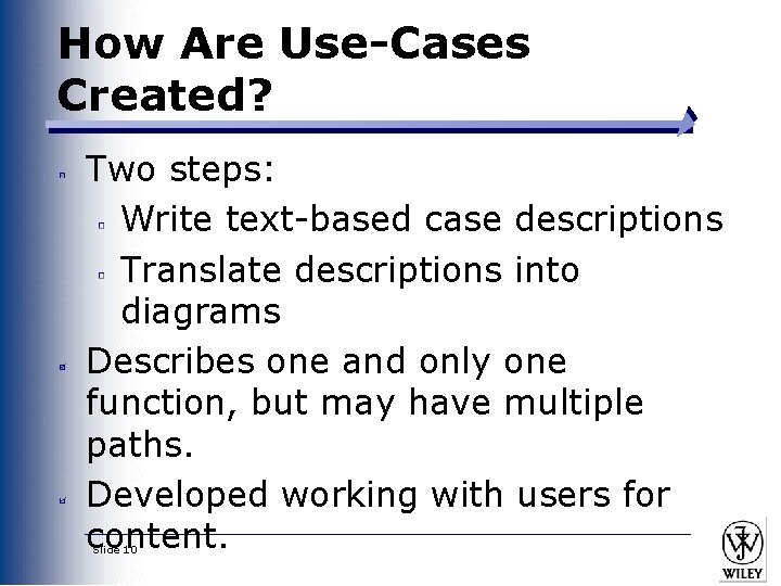 How Are Use-Cases Created? Two steps: Write text-based case descriptions Translate descriptions into diagrams How Are Use-Cases Created? Two steps: Write text-based case descriptions Translate descriptions into diagrams