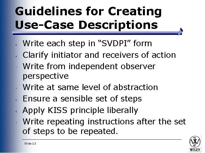 Guidelines for Creating Use-Case Descriptions Write each step in “SVDPI” form Clarify initiator and Guidelines for Creating Use-Case Descriptions Write each step in “SVDPI” form Clarify initiator and