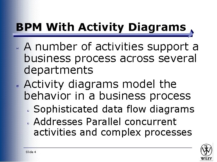 BPM With Activity Diagrams A number of activities support a business process across several BPM With Activity Diagrams A number of activities support a business process across several