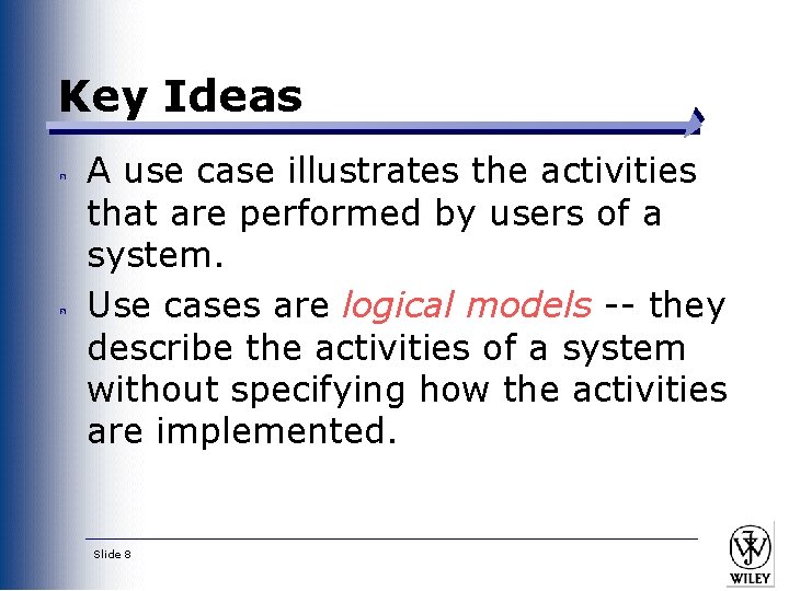 Key Ideas A use case illustrates the activities that are performed by users of Key Ideas A use case illustrates the activities that are performed by users of