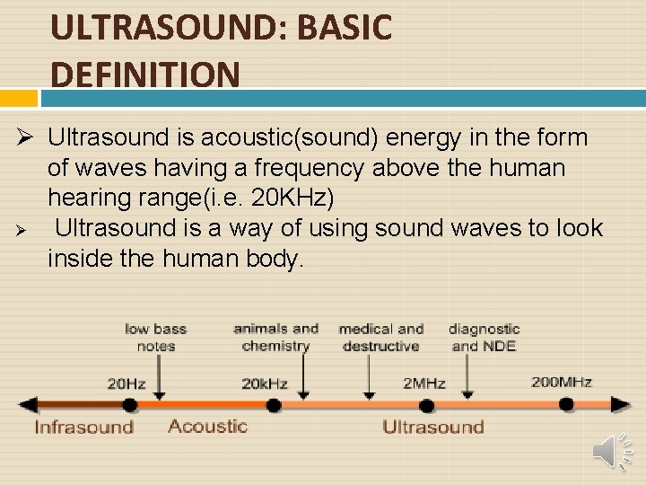 ULTRASOUND: BASIC DEFINITION Ultrasound is acoustic(sound) energy in the form of waves having a