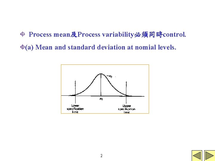 Process mean及Process variability必須同時control. (a) Mean and standard deviation at nomial levels. 2 Process mean及Process variability必須同時control. (a) Mean and standard deviation at nomial levels. 2