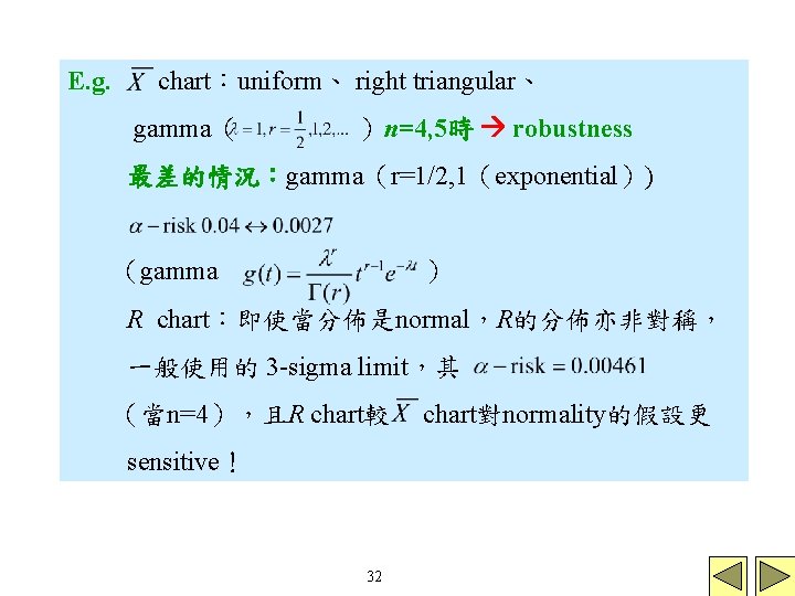 E. g. chart:uniform、 right triangular、 gamma( )n=4, 5時 robustness 最差的情況:gamma(r=1/2, 1(exponential)) (gamma ) R E. g. chart:uniform、 right triangular、 gamma( )n=4, 5時 robustness 最差的情況:gamma(r=1/2, 1(exponential)) (gamma ) R