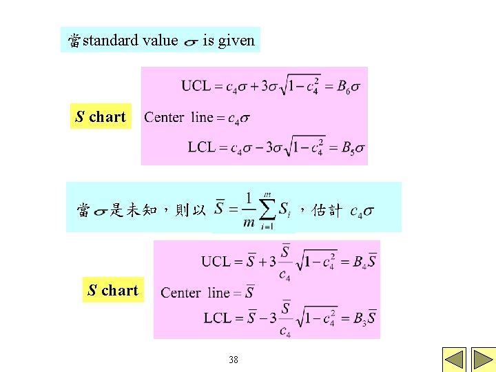 當standard value is given S chart 當 是未知,則以 ,估計 S chart 38 當standard value is given S chart 當 是未知,則以 ,估計 S chart 38