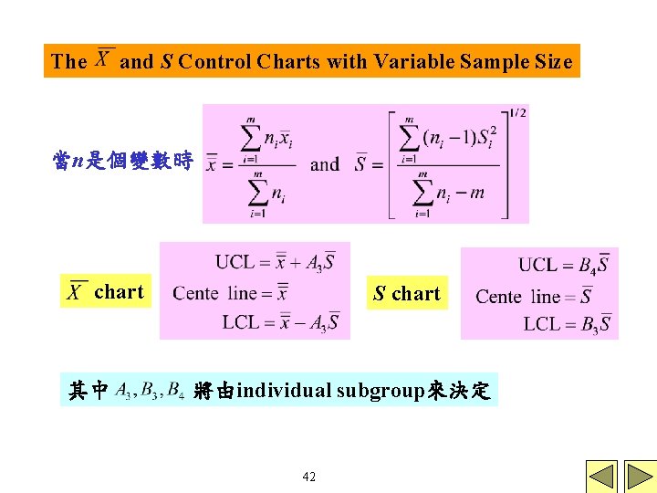 The and S Control Charts with Variable Sample Size 當n是個變數時 chart 其中 S chart The and S Control Charts with Variable Sample Size 當n是個變數時 chart 其中 S chart
