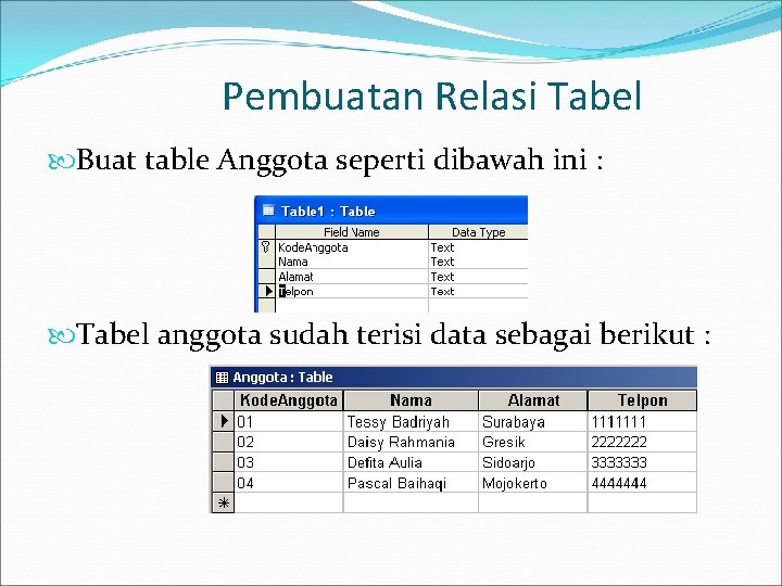 Pembuatan Relasi Tabel Buat table Anggota seperti dibawah ini : Tabel anggota sudah terisi