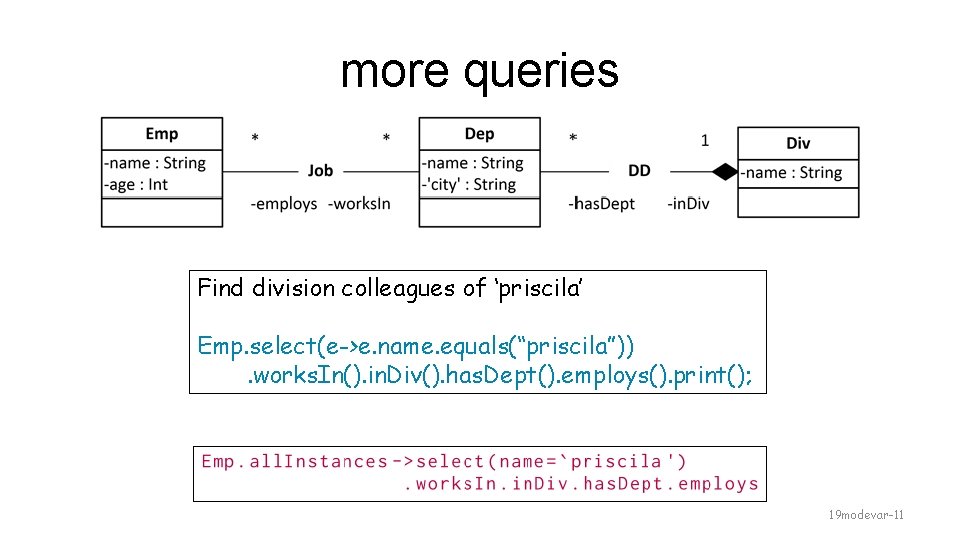 more queries Find division colleagues of ‘priscila’ Emp. select(e->e. name. equals(“priscila”)). works. In(). in.
