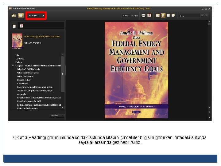 Okuma(Reading) görünümünde soldaki sütunda kitabın içindekiler bilgisini görürken, ortadaki sütunda sayfalar arasında gezinebilirsiniz. 