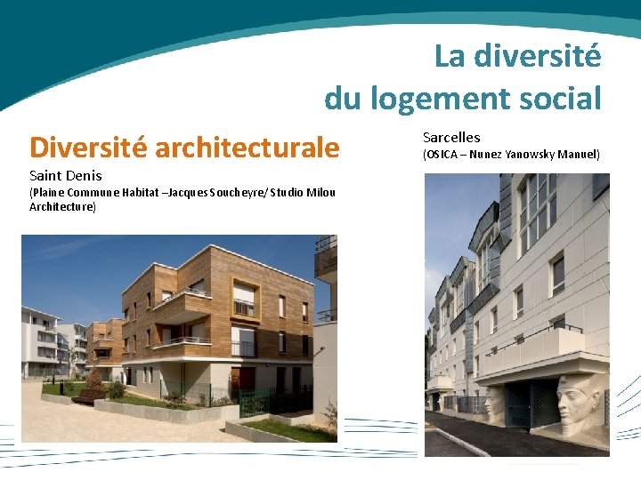 La diversité du logement social Diversité architecturale Saint Denis (Plaine Commune Habitat –Jacques Soucheyre/