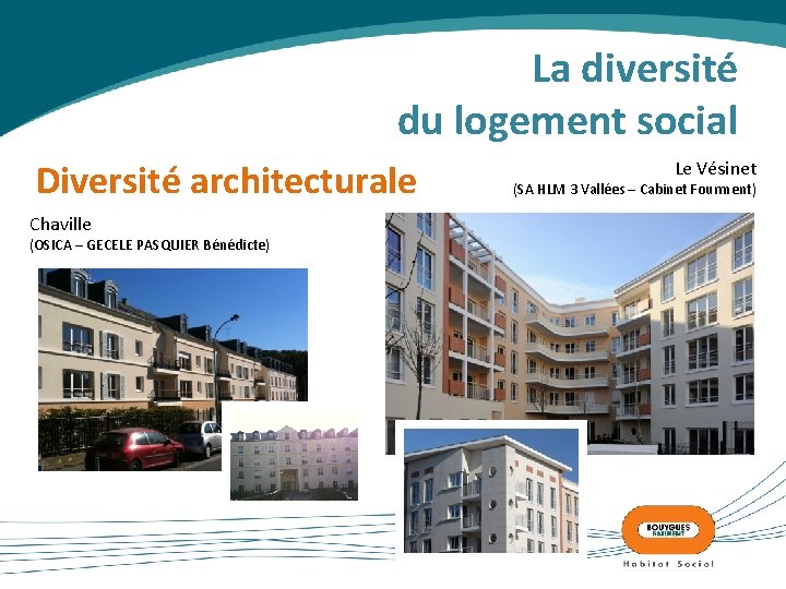 La diversité du logement social Diversité architecturale Chaville (OSICA – GECELE PASQUIER Bénédicte) Le
