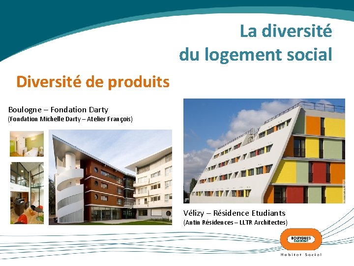 La diversité du logement social Diversité de produits Boulogne – Fondation Darty (Fondation Michelle