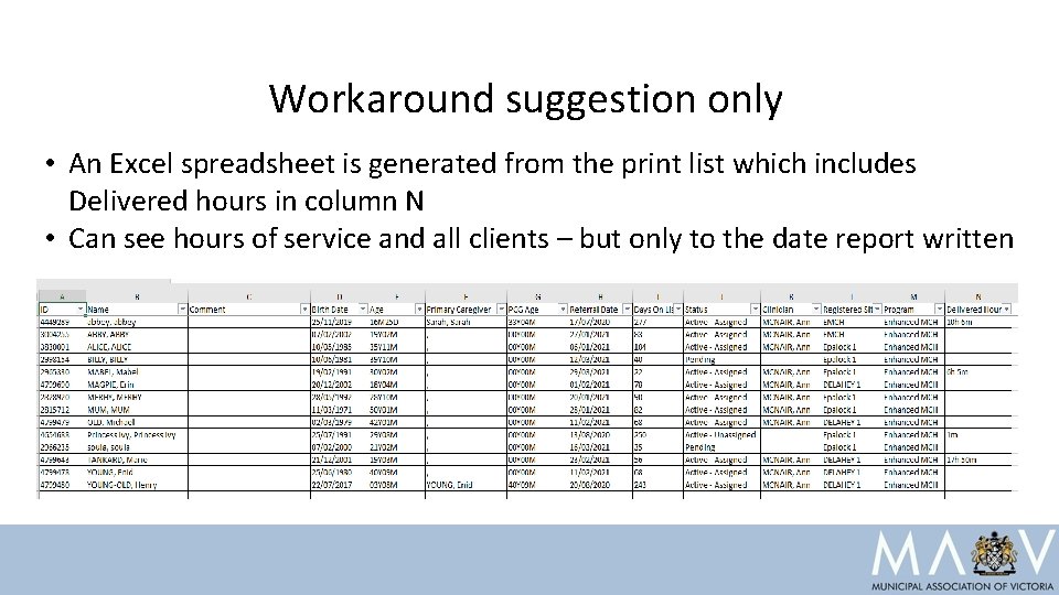 Workaround suggestion only • An Excel spreadsheet is generated from the print list which