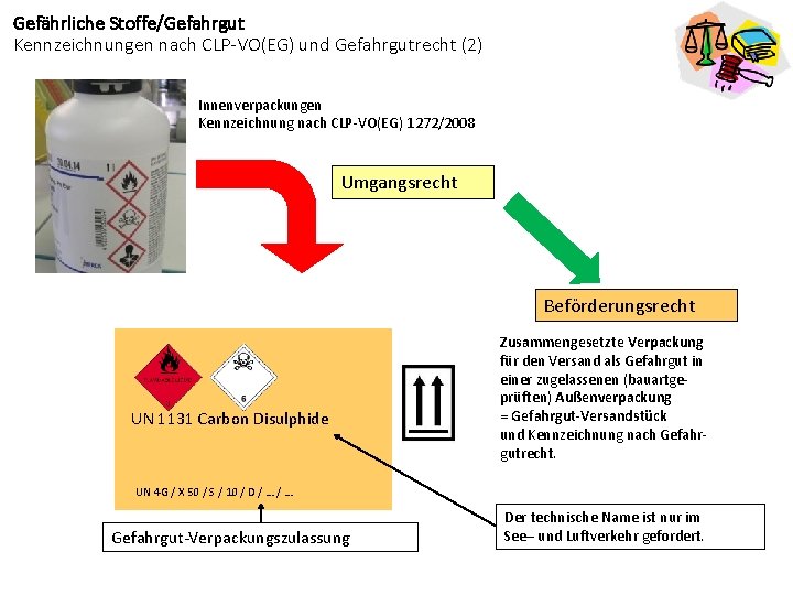 Gefährliche Stoffe/Gefahrgut Kennzeichnungen nach CLP-VO(EG) und Gefahrgutrecht (2) Innenverpackungen Kennzeichnung nach CLP-VO(EG) 1272/2008 Umgangsrecht