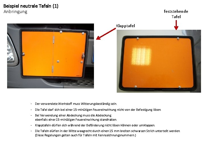 Beispiel neutrale Tafeln (1) Anbringung feststehende Tafel Klapptafel - Der verwendete Werkstoff muss Witterungsbeständig
