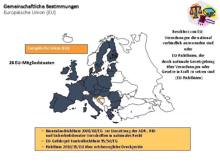 Gemeinschaftliche Bestimmungen Europäische Union (EU) 28 EU-Mitgliedstaaten – Binnenlandrichtlinie 2008/68/EG zur Umsetzung der ADR-,