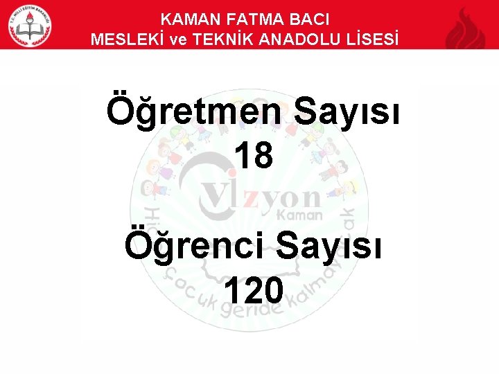 KAMAN FATMA BACI MESLEKİ ve TEKNİK ANADOLU LİSESİ Öğretmen Sayısı 18 Öğrenci Sayısı 120