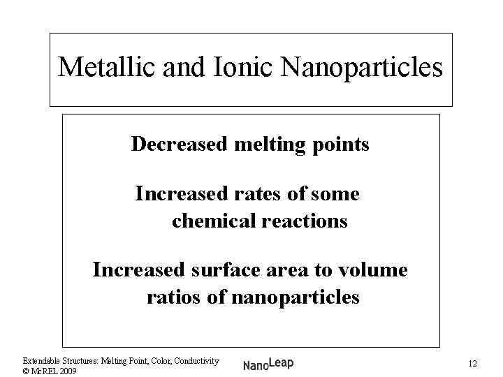 Metallic and Ionic Nanoparticles Decreased melting points Increased rates of some chemical reactions Increased