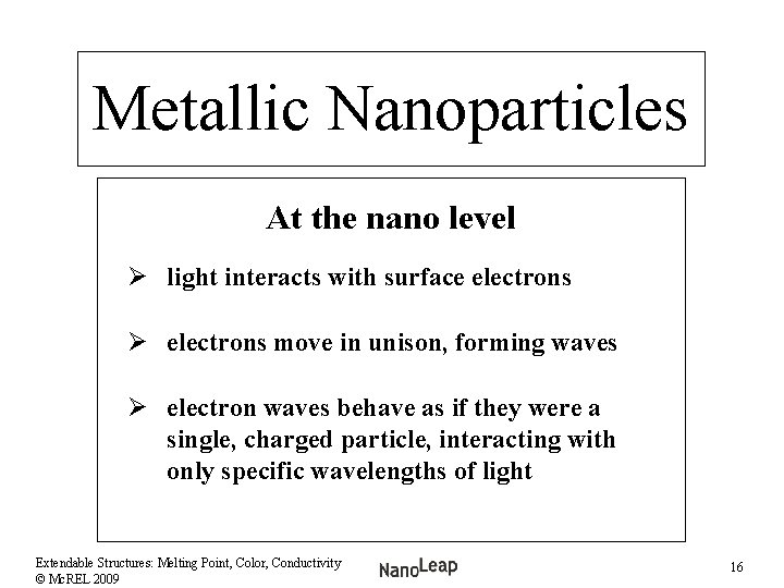 Metallic Nanoparticles At the nano level Ø light interacts with surface electrons Ø electrons