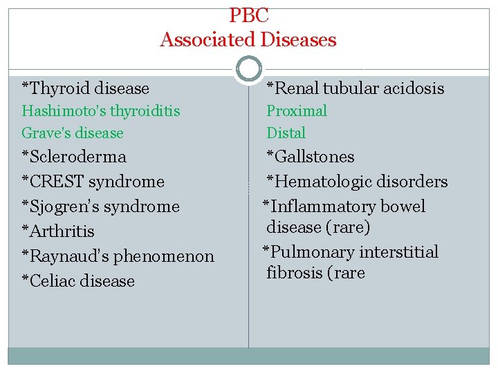 PBC Associated Diseases *Thyroid disease *Renal tubular acidosis Hashimoto’s thyroiditis Grave’s disease Proximal Distal