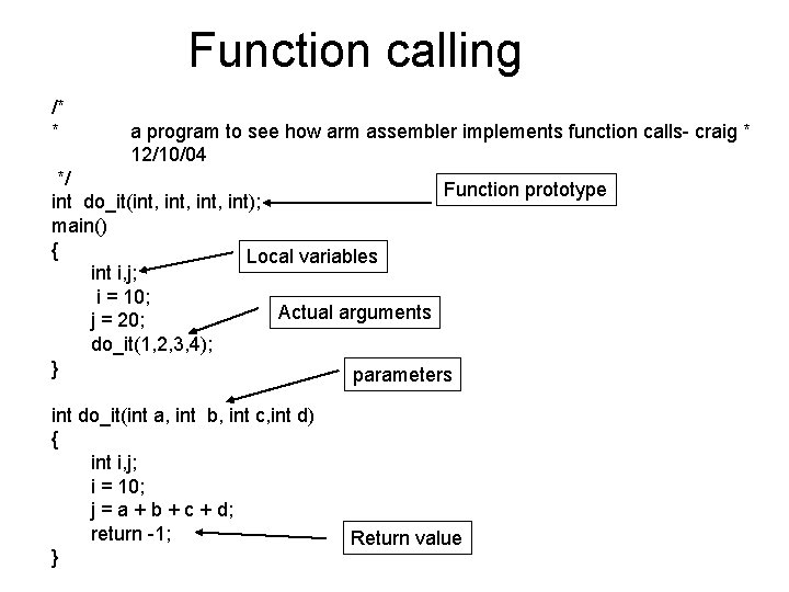 Function calling /* * a program to see how arm assembler implements function calls- Function calling /* * a program to see how arm assembler implements function calls-