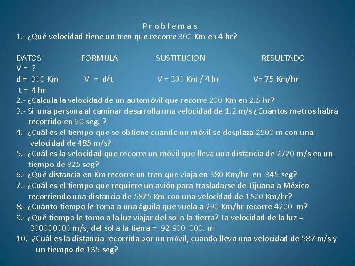 Problemas 1. - ¿Qué velocidad tiene un tren que recorre 300 Km en 4