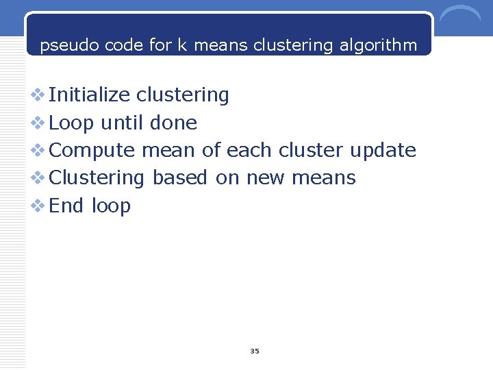 pseudo code for k means clustering algorithm v Initialize clustering v Loop until done