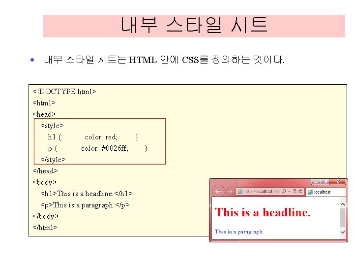 내부 스타일 시트 · 내부 스타일 시트는 HTML 안에 CSS를 정의하는 것이다. <!DOCTYPE html> 내부 스타일 시트 · 내부 스타일 시트는 HTML 안에 CSS를 정의하는 것이다. <!DOCTYPE html>