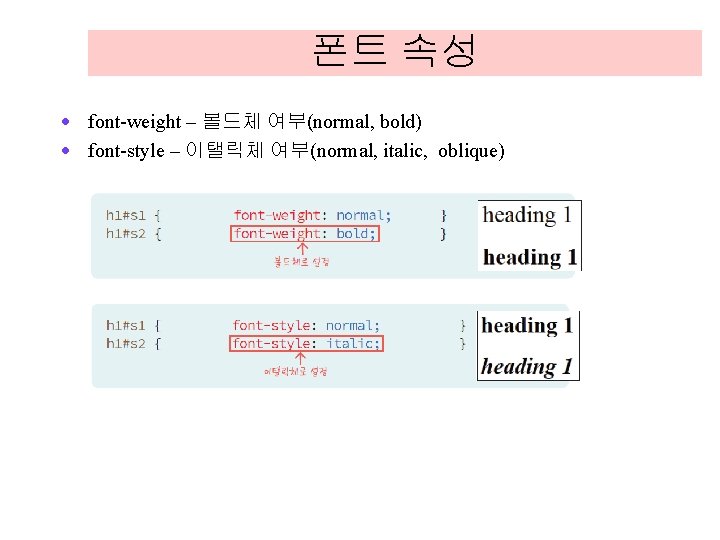 폰트 속성 · font-weight – 볼드체 여부(normal, bold) · font-style – 이탤릭체 여부(normal, italic, 폰트 속성 · font-weight – 볼드체 여부(normal, bold) · font-style – 이탤릭체 여부(normal, italic,