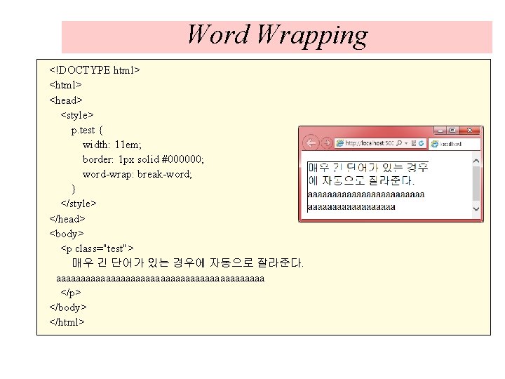 Word Wrapping <!DOCTYPE html> <head> <style> p. test { width: 11 em; border: 1 Word Wrapping <!DOCTYPE html> <head> <style> p. test { width: 11 em; border: 1