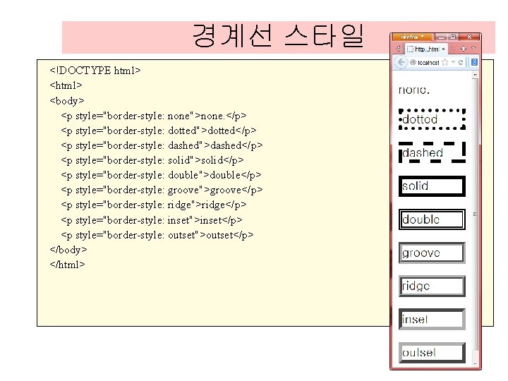 경계선 스타일 <!DOCTYPE html> <body> <p style="border-style: none">none. </p> <p style="border-style: dotted">dotted</p> <p style="border-style: 경계선 스타일 <!DOCTYPE html> <body> <p style="border-style: none">none. </p> <p style="border-style: dotted">dotted</p> <p style="border-style:
