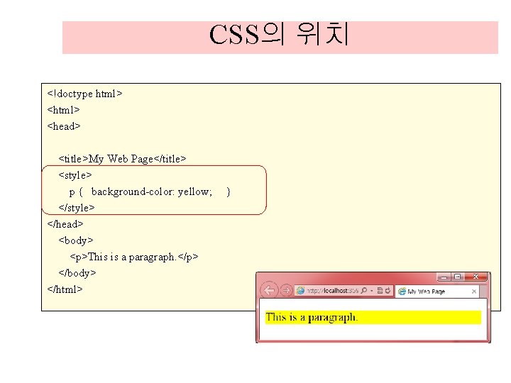 CSS의 위치 <!doctype html> <head> <title>My Web Page</title> <style> p { background-color: yellow; </style> CSS의 위치 <!doctype html> <head> <title>My Web Page</title> <style> p { background-color: yellow; </style>