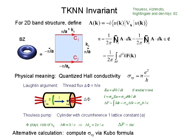 TKNN Invariant Thouless, Kohmoto, Nightingale and den Nijs 82 For 2 D band structure,