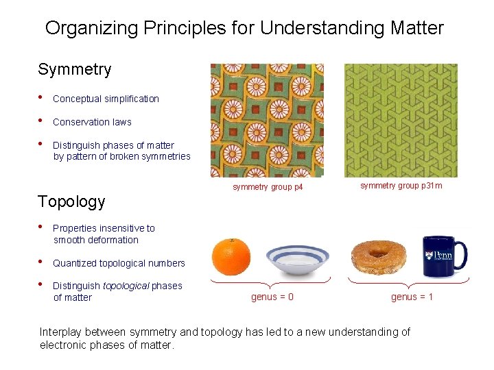 Organizing Principles for Understanding Matter Symmetry • Conceptual simplification • Conservation laws • Distinguish