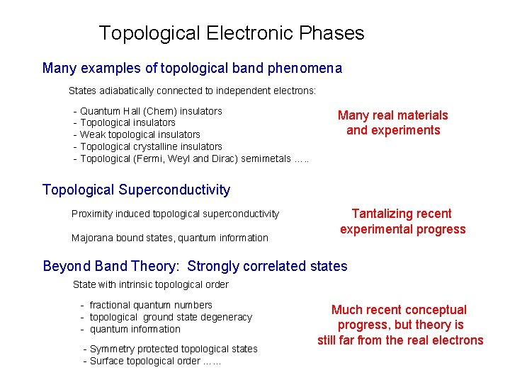 Topological Electronic Phases Many examples of topological band phenomena States adiabatically connected to independent