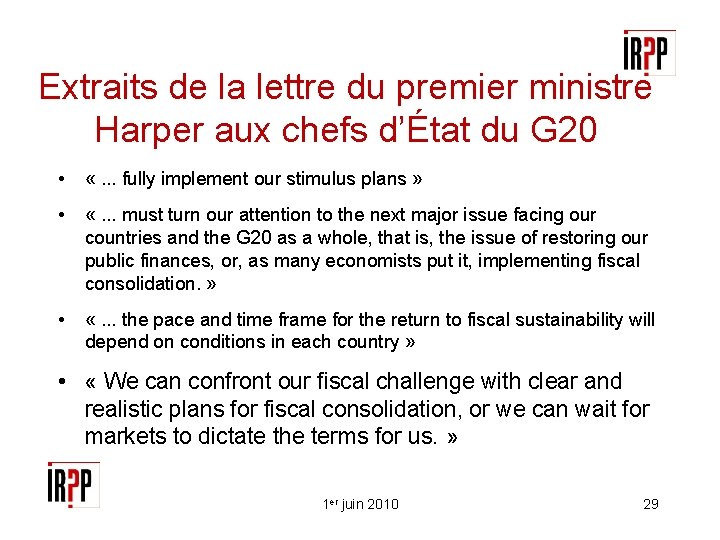 Extraits de la lettre du premier ministre Harper aux chefs d’État du G 20
