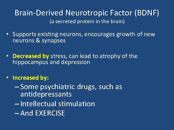 Brain-Derived Neurotropic Factor (BDNF) (a secreted protein in the brain) • Supports existing neurons,