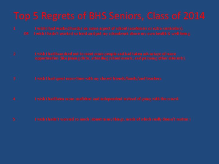 Top 5 Regrets of BHS Seniors, Class of 2014 1 OR I wish I