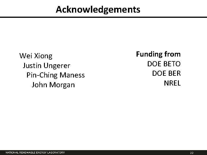 Acknowledgements Wei Xiong Justin Ungerer Pin-Ching Maness John Morgan Funding from DOE BETO DOE