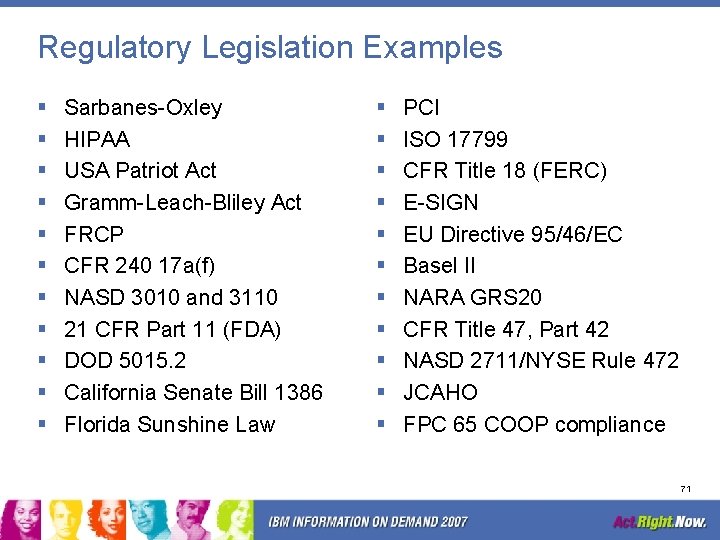 Regulatory Legislation Examples § § § Sarbanes-Oxley HIPAA USA Patriot Act Gramm-Leach-Bliley Act FRCP
