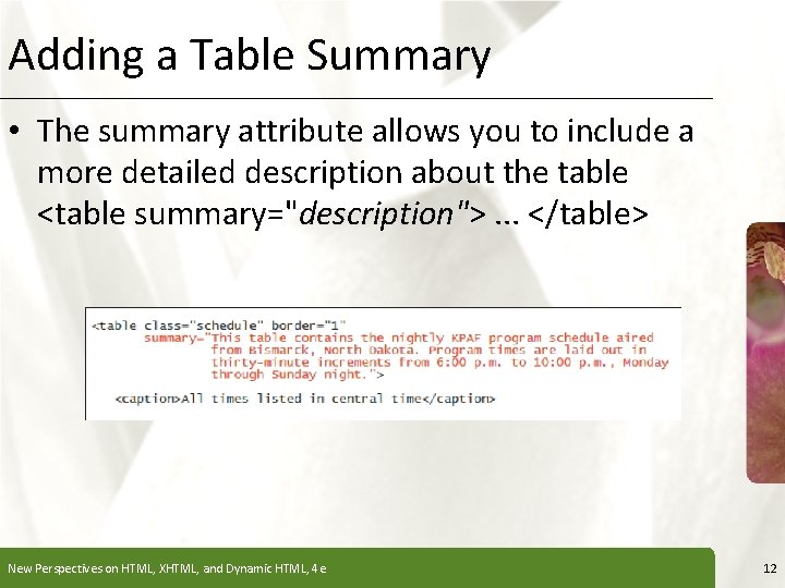 Adding a Table Summary XP • The summary attribute allows you to include a