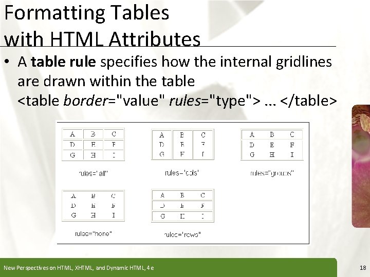 Formatting Tables with HTML Attributes XP • A table rule specifies how the internal
