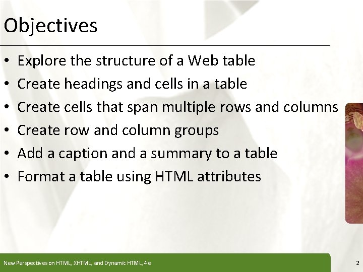 Objectives • • • XP Explore the structure of a Web table Create headings