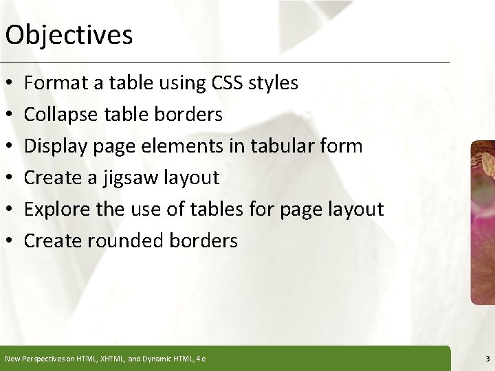 Objectives • • • XP Format a table using CSS styles Collapse table borders