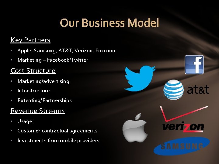 Our Business Model Key Partners • Apple, Samsung, AT&T, Verizon, Foxconn • Marketing –