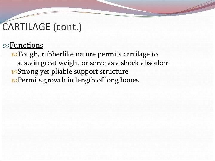 CARTILAGE (cont. ) Functions Tough, rubberlike nature permits cartilage to sustain great weight or