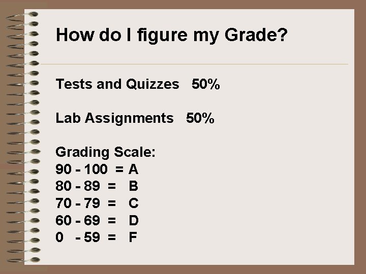 How do I figure my Grade? Tests and Quizzes 50% Lab Assignments 50% Grading How do I figure my Grade? Tests and Quizzes 50% Lab Assignments 50% Grading