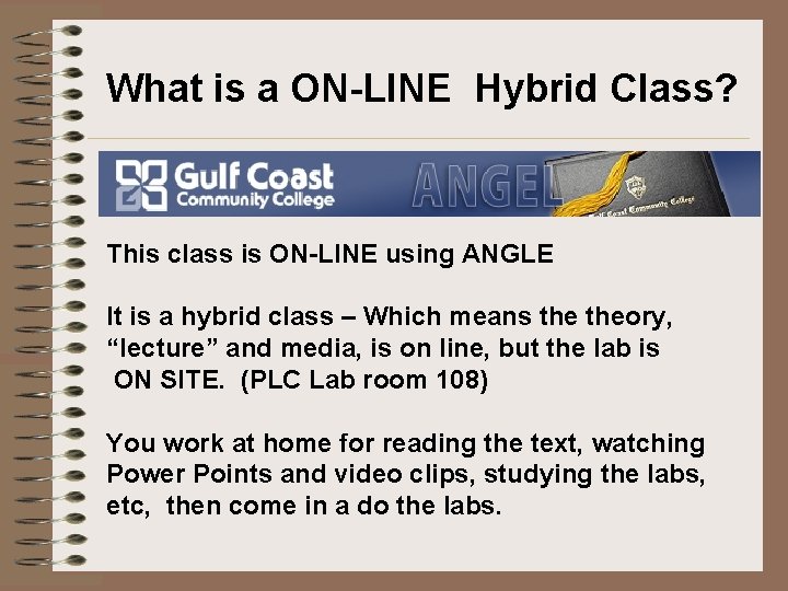 What is a ON-LINE Hybrid Class? This class is ON-LINE using ANGLE It is What is a ON-LINE Hybrid Class? This class is ON-LINE using ANGLE It is